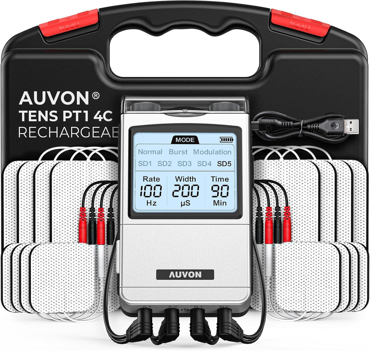 AUVON 4-Channel Digital TENS Unit Muscle Stimulator, Customizable 8 Modes Rechargeable TENS Machine with 16 Premium TENS Pads, Drug-free for Neck, Shoulder, Back, Sciatica Pain Relief, A Carry Case