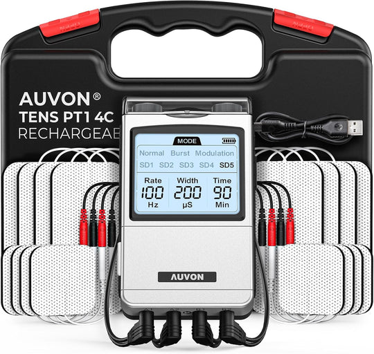 AUVON 4-Channel Digital TENS Unit Muscle Stimulator, Customizable 8 Modes Rechargeable TENS Machine with 16 Premium TENS Pads, Drug-free for Neck, Shoulder, Back, Sciatica Pain Relief, A Carry Case