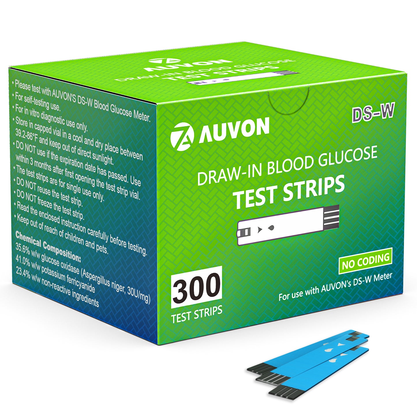 AUVON I-QARE DS-W Draw-in Blood Glucose Test Strips for use with AUVON DS-W Diabetes Sugar Testing Meter (No Coding Required, 300 Count)