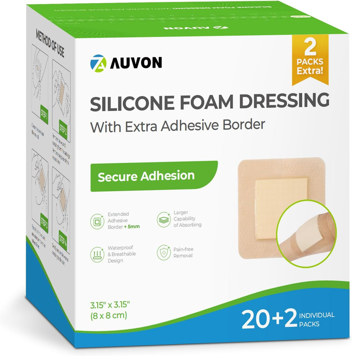 AUVON Silicone Foam Dressing with Large Adhesive Border, Wound Dressing Pads with High Absorbency, Waterproof for Wound Care & Protection Plus Cushioning, Skin-Friendly, Easy Off