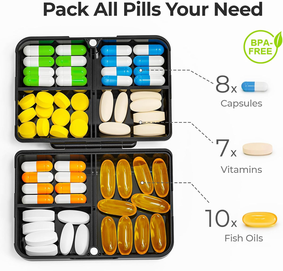 AUVON Pilulier de Voyage Pliant, Boîte à Pilules Journalière à 7 Compartiments avec Charnières Durables, Pilulier Portable pour Sac de Poche, Petit Conteneur à Pilules pour Huile de Poisson, Vitamines (Noir)