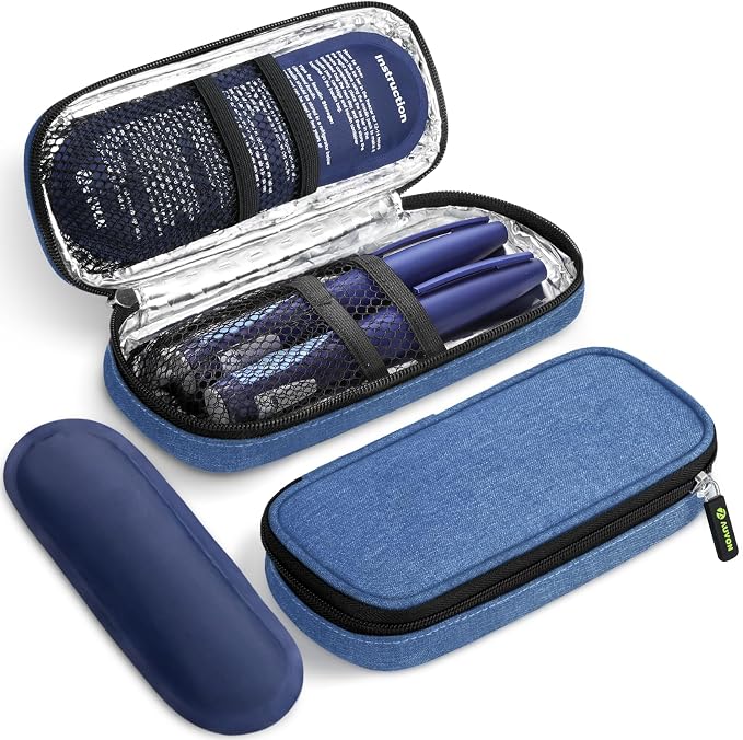 AUVON Étui de Voyage Réfrigérant pour Stylo à Insuline, avec 2 Packs de Glace de 90 g Approuvés par la TSA, Sac Isotherme en Cuir pour Médicaments Diabétiques, Étui Compact pour Stylos à Insuline et Autres Fournitures