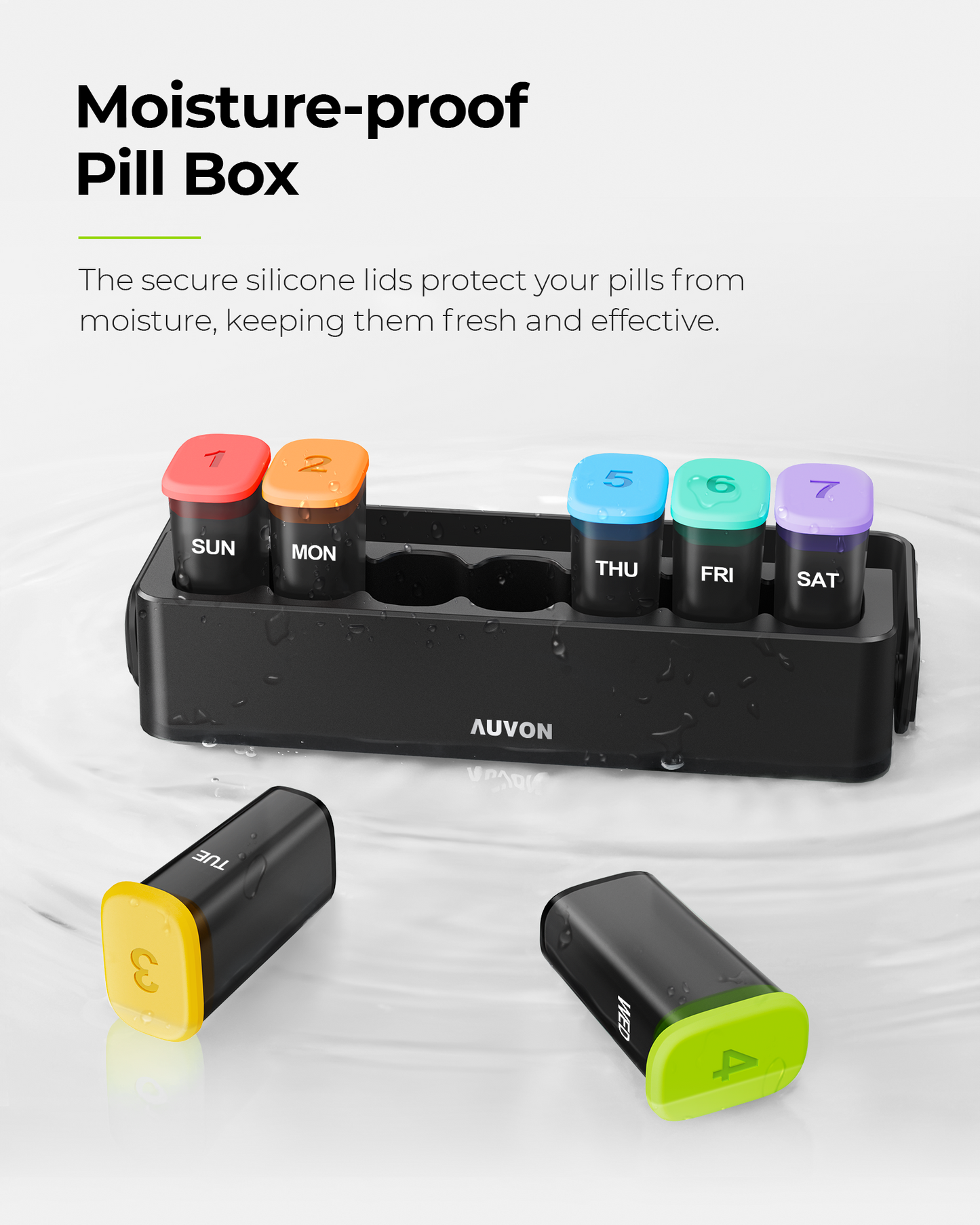 AUVON Moisture-Proof Weekly Pill Organizer with Locking Design, Sleek Pill Box 7 Day Easy to Use, Black Pill Case for Privacy Protection, Pill Holder for Medications, Vitamins, Fish Oils, Supplements