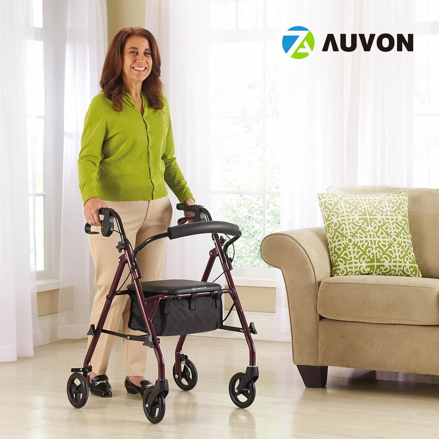 AUVON Rollator Walker with Seat, Steel Rolling Walker with 6-inch Wheels Supports up to 350 lbs, Medical Walker, Burgundy