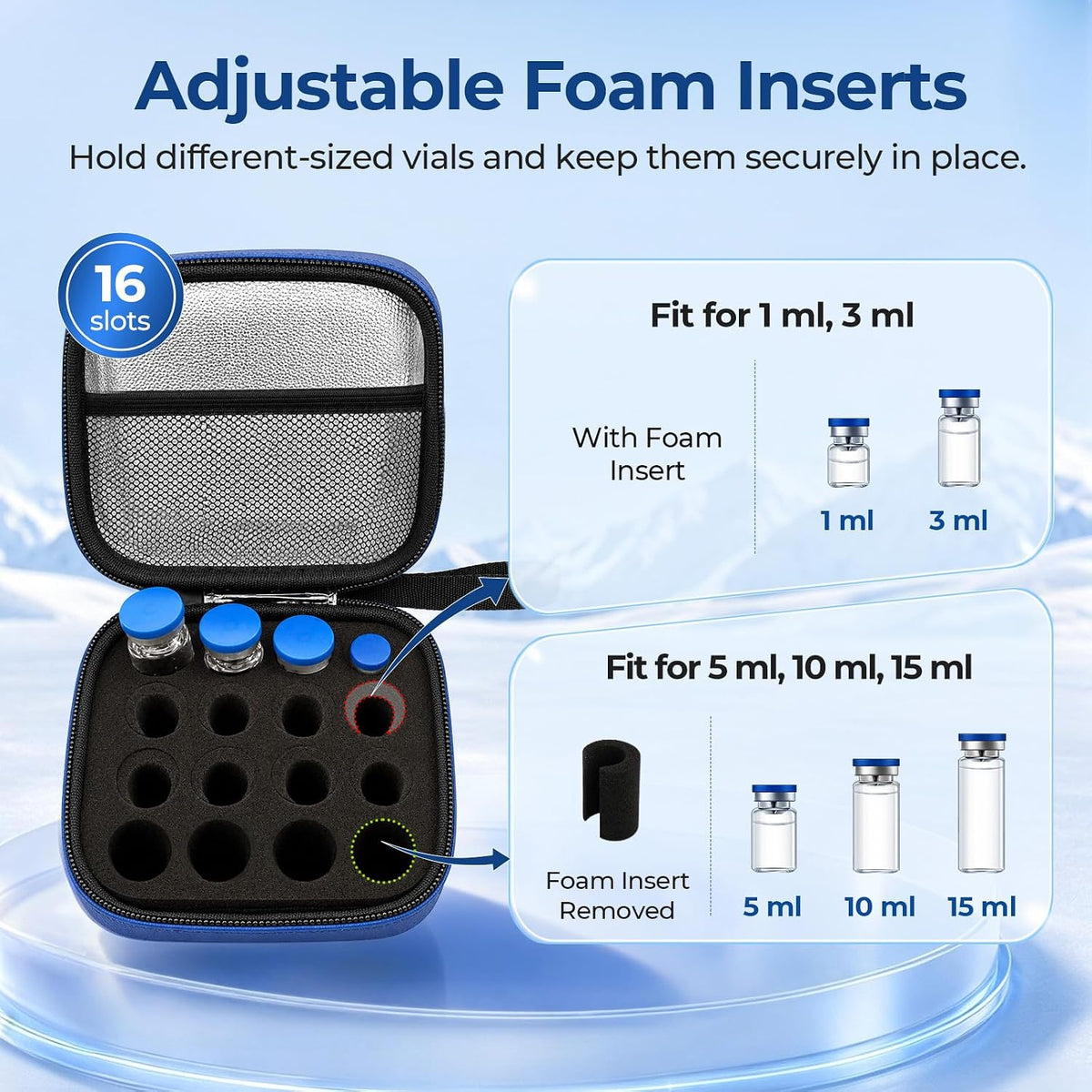 AUVON Universal Insulin Peptide Case for Fridge, 16 Slots for 1–15 ml Vials Insulin Vial Case for Fridge, Adjustable Foam Insert, Vial Holder with Moisture & Odor Protection, Insulated Aluminum Lining