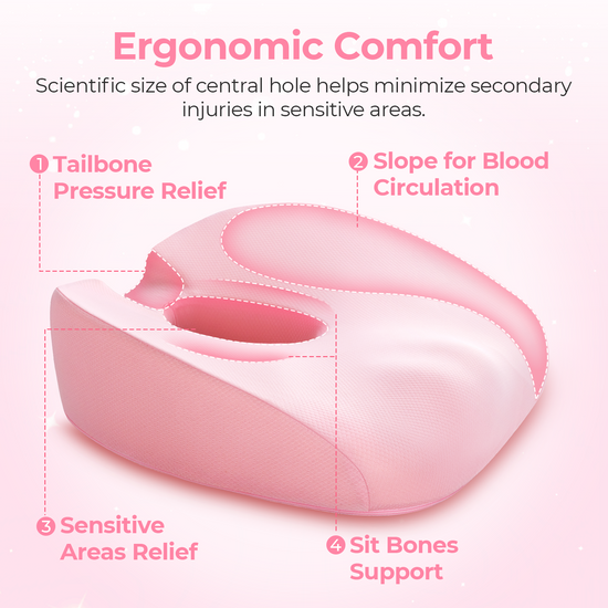 AUVON Stylish Pink Donut Pillow Hemorrhoids Scientific Center Hole & U-Shaped Cutout, Butt Pillow for Back & Tailbone Pain Relief, Seat Cushion for Postpartum Pregnancy & After Surgery Sitting Relief