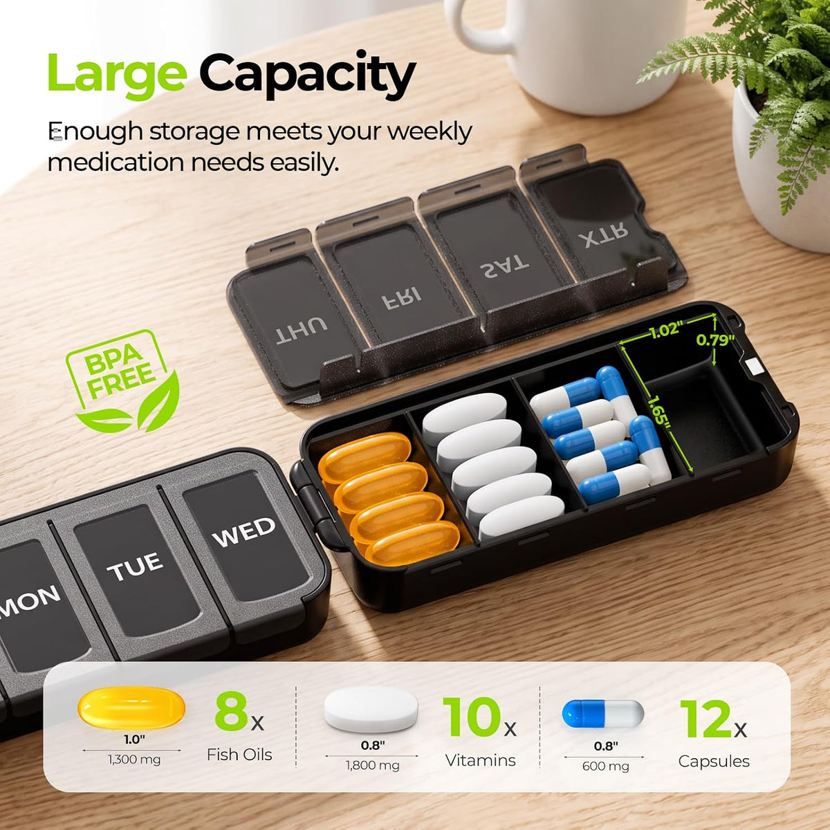 AUVON Foldable Magnetic Weekly Pill Organizer, Travel 7 Day Pill Box Compact Daily Pill Case with Large Capacity, Quality Labels, Dual & Privacy Protection, Fits Fish Oils, Supplements, Vitamins