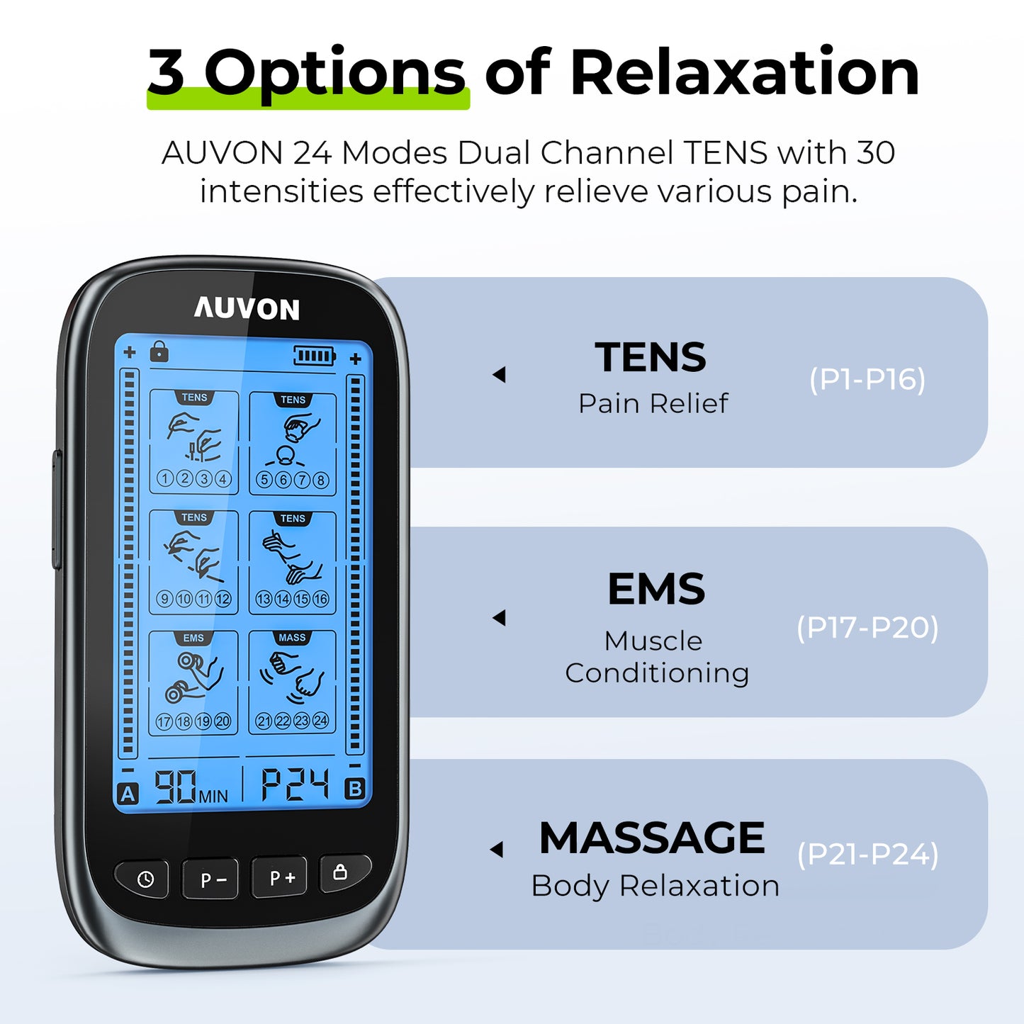 AUVON 3-in-1 TENS Unit Muscle Stimulator, Dual Channel Electronic Pulse Massager, TENS EMS Machine, 24 Modes Muscle Massager for Pain Relief Therapy, EVA Travel Case, 12 Pcs TENS Unit Electrodes Pads