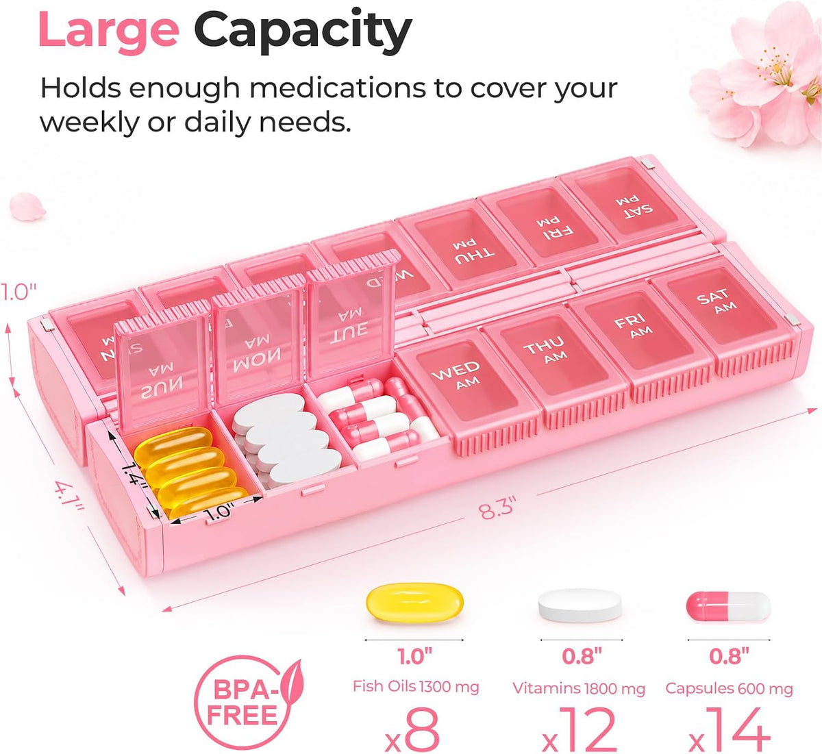 AUVON Magnetic Weekly AM PM Pill Organizer 2 Times a Day, BPA-Free Large Foldable Pill Case 7 Day with Dual Protection, User-Friendly Travel Pill Box for Medications, Fish Oils, Vitamins