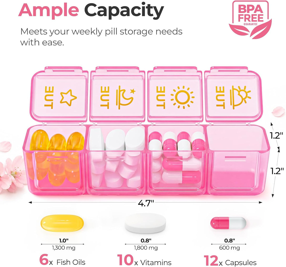 AUVON Weekly Pill Organizer 4 Times a Day, Large Easy-to-Track Labels, Pink Large Pill Case with Dual Protection, Easy-Open Lids, Spill-Proof Travel Pill Box 7 Day for Medication, Vitamins, Fish Oils