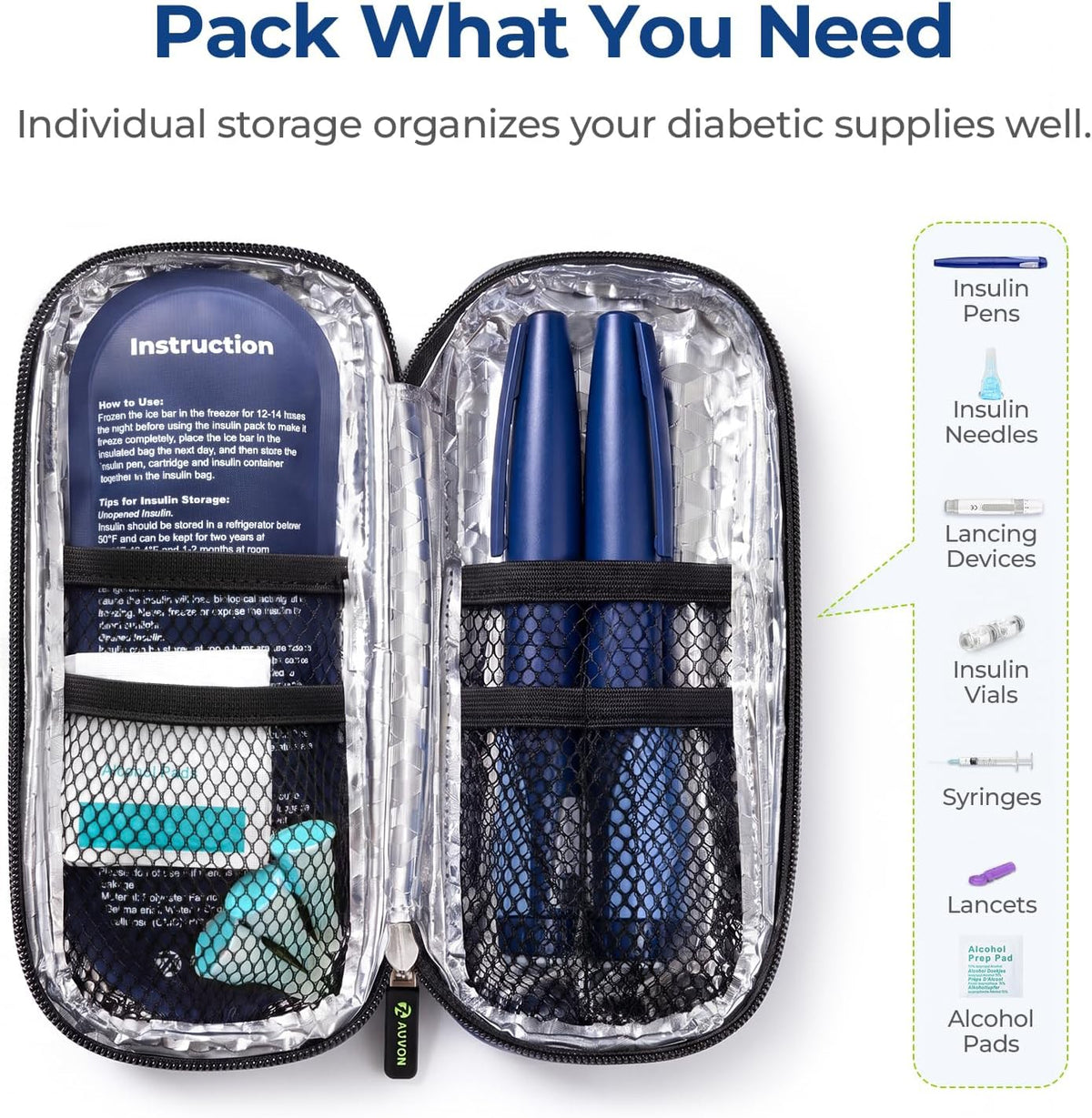 AUVON Étui de Voyage Réfrigérant pour Stylo à Insuline, avec 2 Packs de Glace de 90 g Approuvés par la TSA, Sac Isotherme en Cuir pour Médicaments Diabétiques, Étui Compact pour Stylos à Insuline et Autres Fournitures