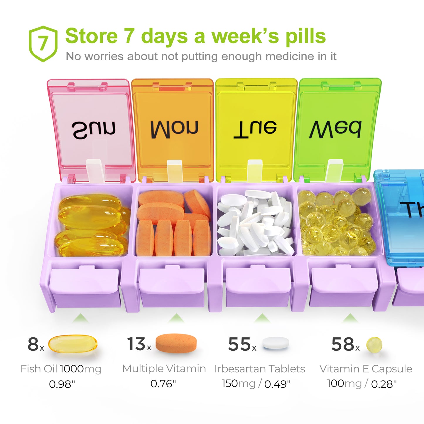 AUVON Weekly Pill Organizer Arthritis Friendly, BPA Free Travel 7 Day Pill Box Case with Spring Open Design and Large Compartment to Hold Vitamins, Cod Liver Oil, Supplements and Medication