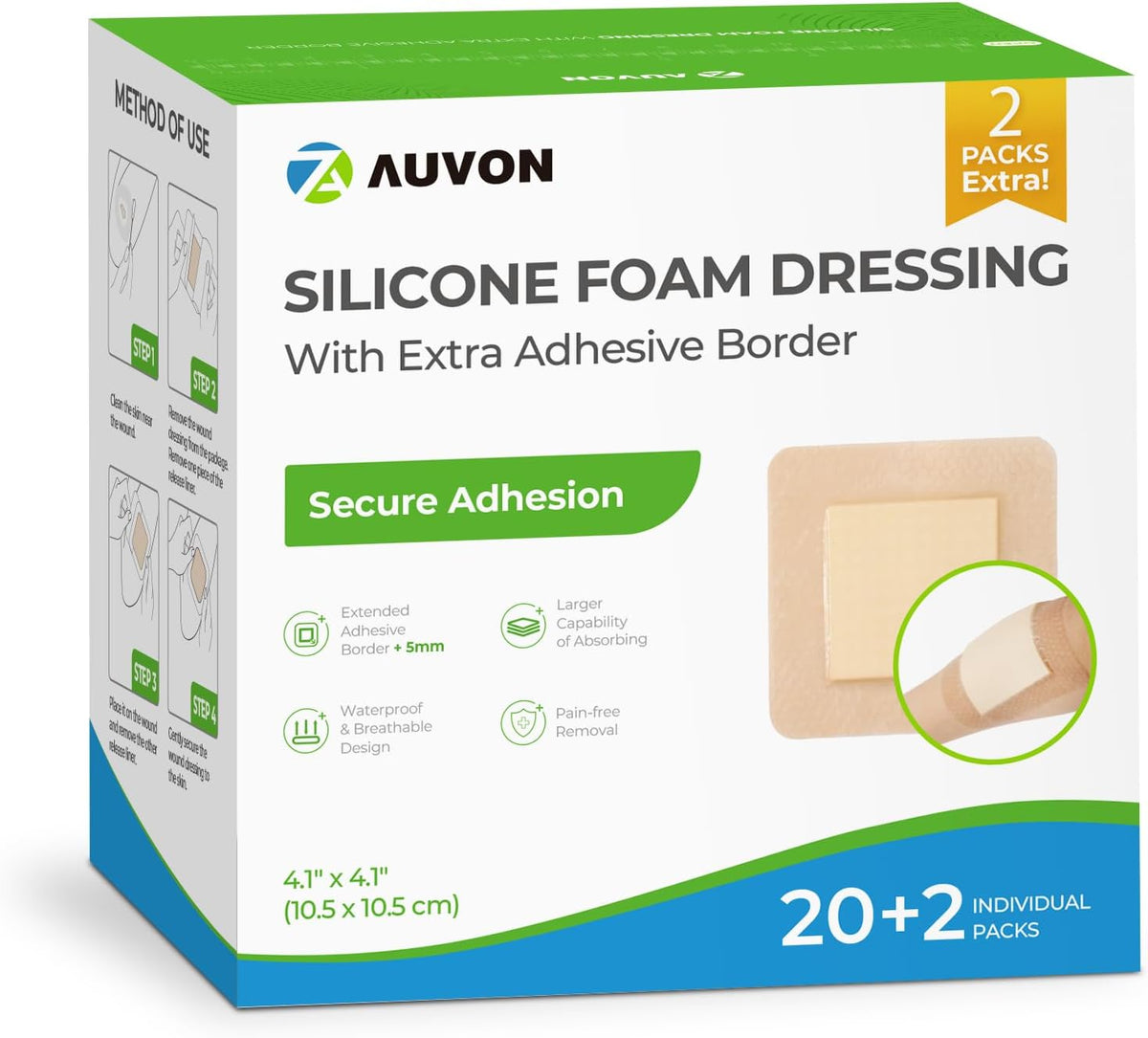 AUVON Silicone Foam Dressing with Large Adhesive Border, Wound Dressing Pads with High Absorbency, Waterproof for Wound Care & Protection Plus Cushioning, Skin-Friendly, Easy Off