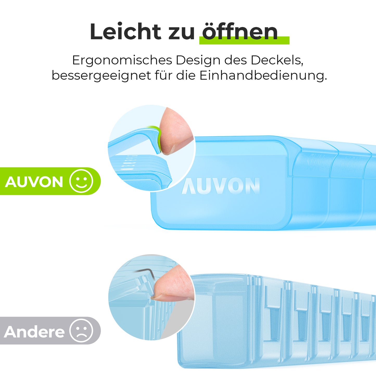 AUVON Weekly Pill Organizer with Effortless Opening Design, Arthritis Friendly Pill Box, BPA-Free Pill Organizer 7 Day, Cute & Portable Pill Case for Vitamins, Supplements and Medications