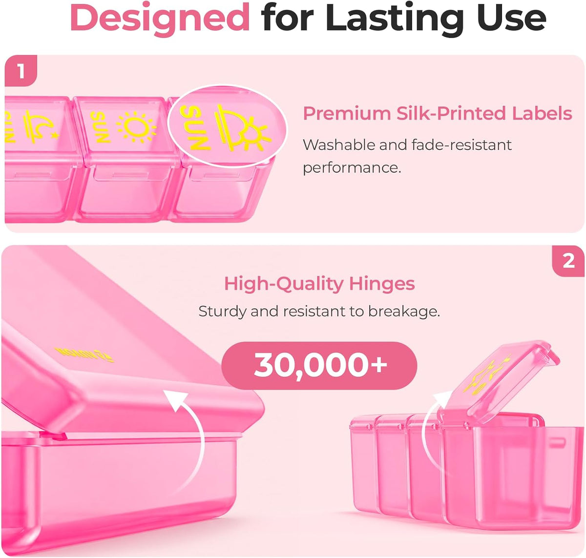 AUVON Weekly Pill Organizer 4 Times a Day, Large Easy-to-Track Labels, Pink Large Pill Case with Dual Protection, Easy-Open Lids, Spill-Proof Travel Pill Box 7 Day for Medication, Vitamins, Fish Oils
