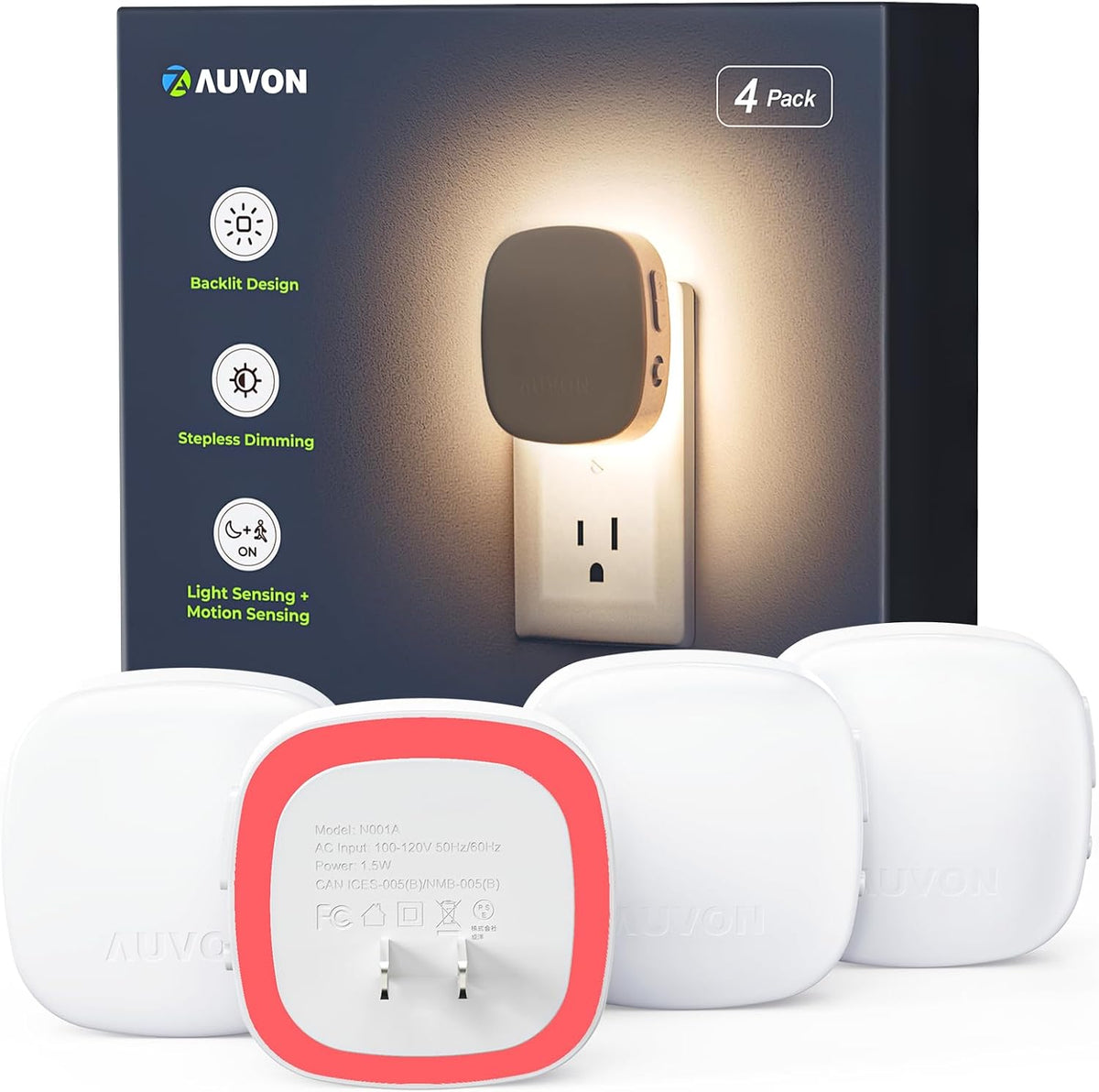 AUVON Plug-in LED Backlit Night Light 4 Packs, Motion & Dusk to Dawn Sensor Nightlight with 1-50lm Dimmable Brightness for Bedroom, Bathroom, Hallway, Kitchen, Garage, Nursery