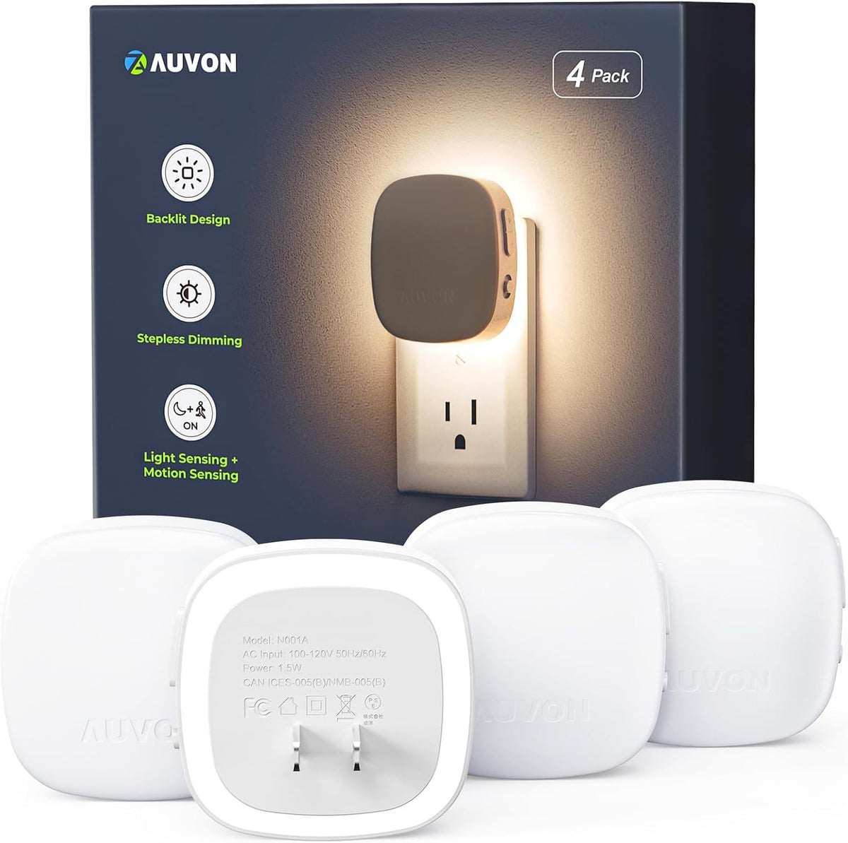 AUVON Plug-in LED Backlit Night Light 4 Packs, Motion & Dusk to Dawn Sensor Nightlight with 1-50lm Dimmable Brightness for Bedroom, Bathroom, Hallway, Kitchen, Garage, Nursery
