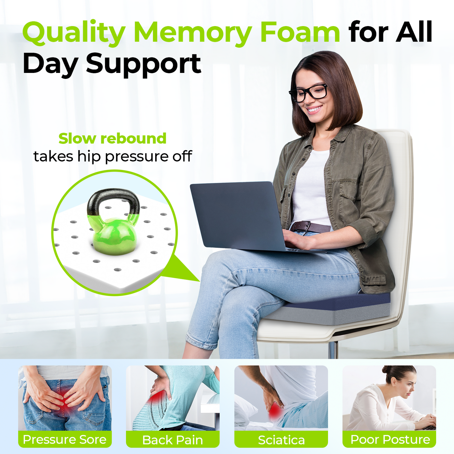 AUVON Ventilation Seat Cushion for Tailbone, Pressure Sore and Ulcer Pain Relief, Premium Memory Foam Enhanced Breathability for Extended Sitting, Waterproof, Non-Slip Base for Chair, Wheelchair, Car