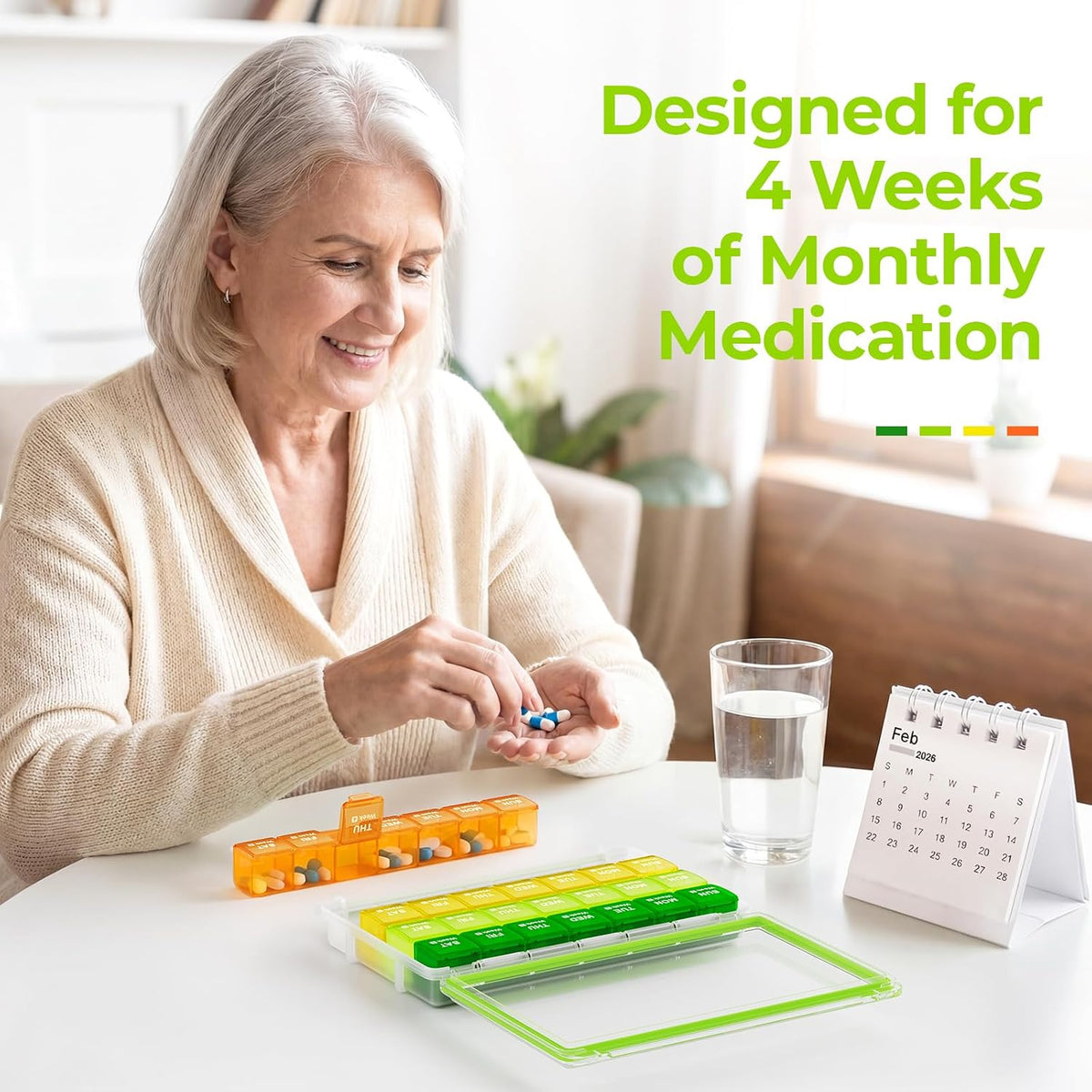 AUVON Moisture-Proof Monthly Pill Organizer, 28-Day Compartments Pill Box Case with Removable 4 Weeks Medication Organizer Rows for Fish Oils, Vitamins, Supplements, Medications, BPA-Free