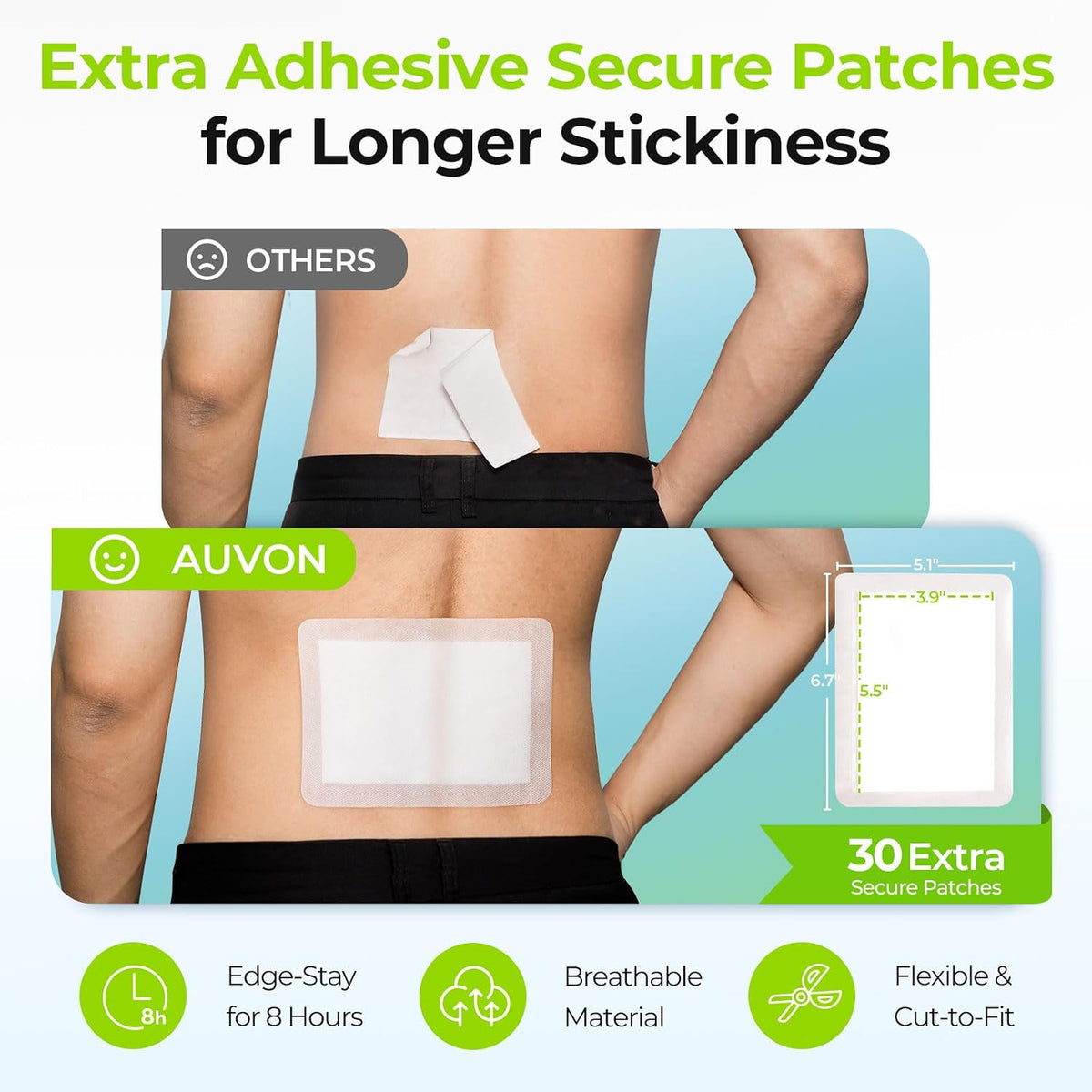 Parches AUVON para alivio del dolor (8 unidades), parches de mentol para hasta 8 horas de alivio del dolor de espalda, dolor muscular, dolor de rodilla, artritis, elegibles para FSA o HSA, tela de calidad para una aplicación sin complicaciones