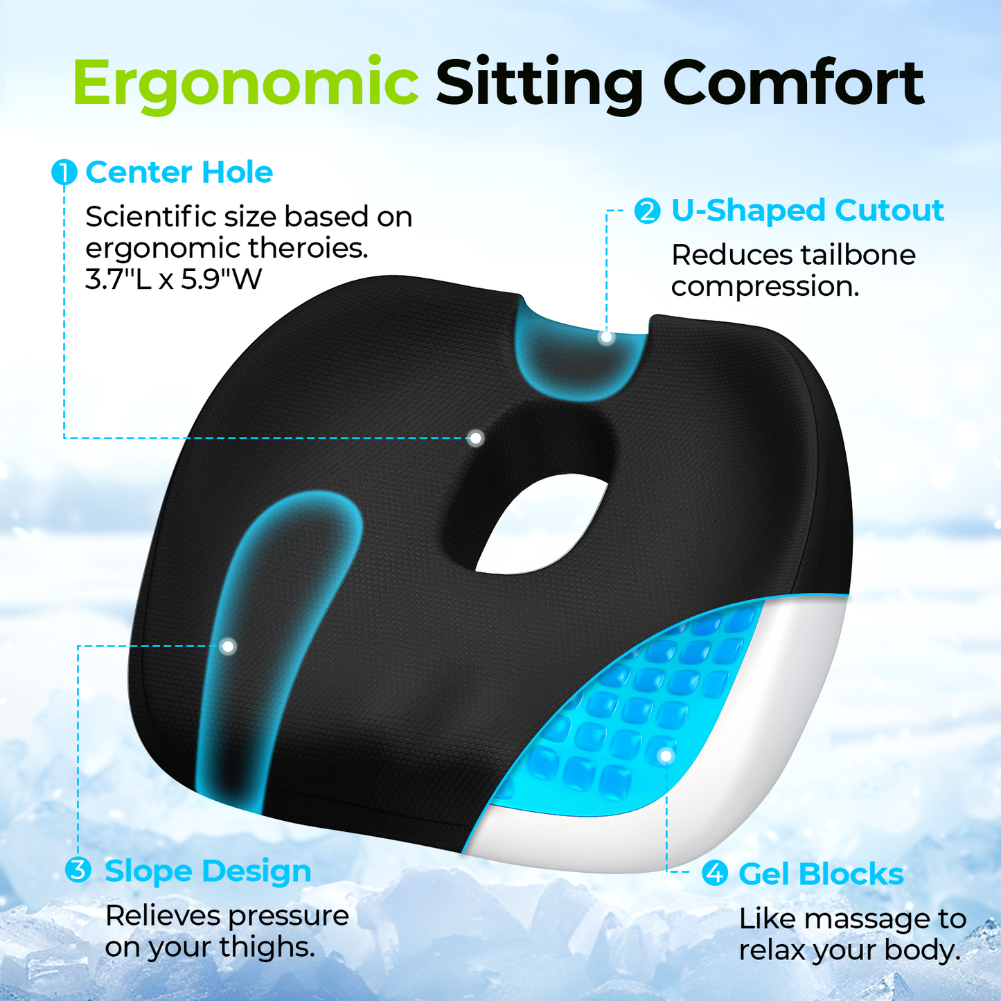 AUVON Cool Donut Pillow with Gel Layer & Scientific Center Hole, Hemorrhoid Pillow with U-Shaped Cutout for Tailbone Pain Relief, Donut Cushion for Long Sitting, Sciatica, Pregnancy, Post-surgery