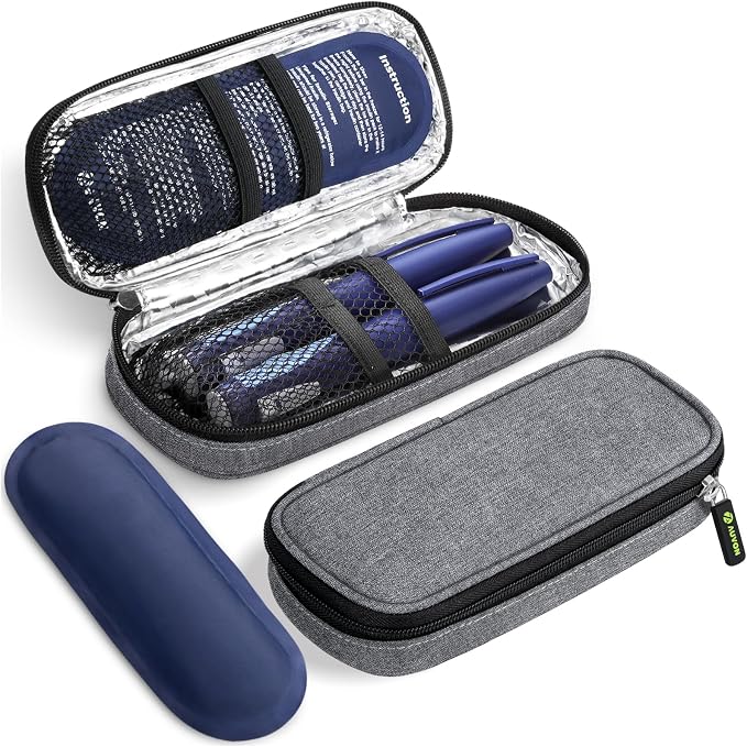 AUVON Étui de Voyage Réfrigérant pour Stylo à Insuline, avec 2 Packs de Glace de 90 g Approuvés par la TSA, Sac Isotherme en Cuir pour Médicaments Diabétiques, Étui Compact pour Stylos à Insuline et Autres Fournitures