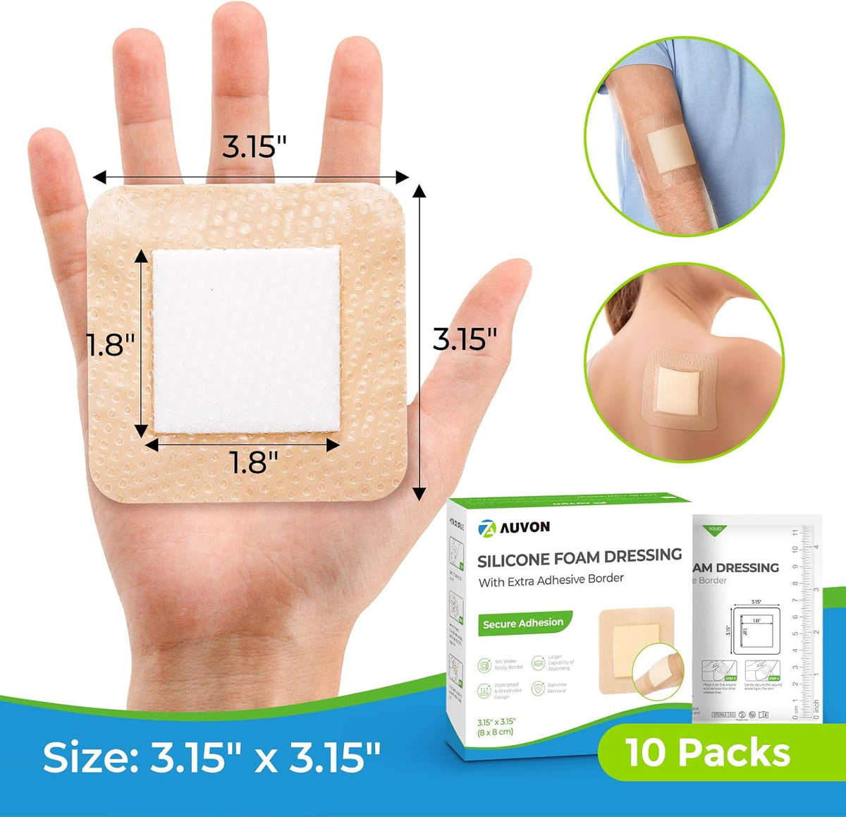 AUVON Silicone Foam Dressing with Large Adhesive Border, Wound Dressing Pads with High Absorbency, Waterproof for Wound Care & Protection Plus Cushioning, Skin-Friendly, Easy Off