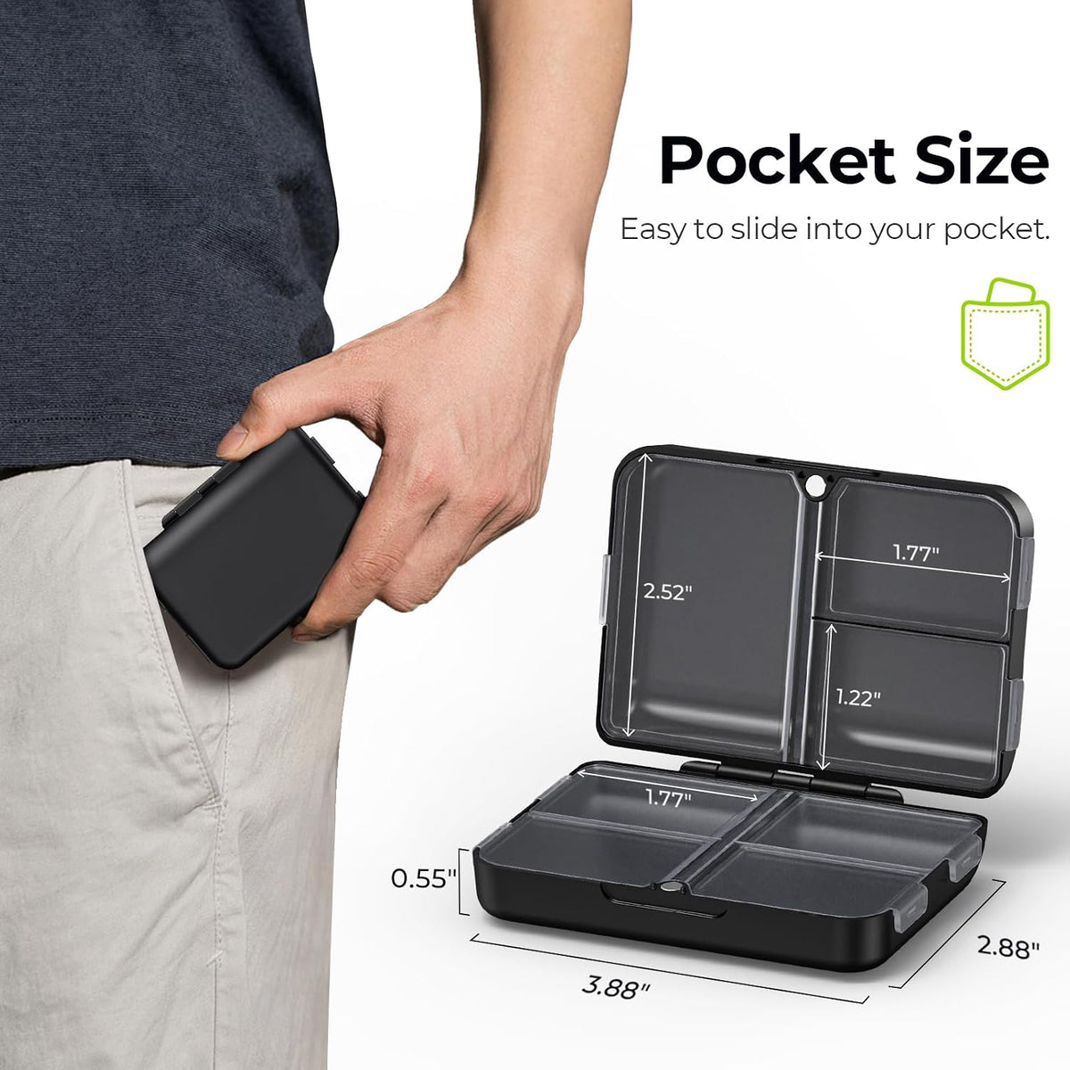 AUVON Pilulier de Voyage Pliant, Boîte à Pilules Journalière à 7 Compartiments avec Charnières Durables, Pilulier Portable pour Sac de Poche, Petit Conteneur à Pilules pour Huile de Poisson, Vitamines (Noir)
