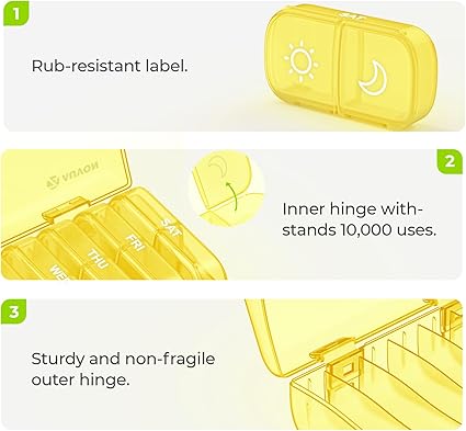 AUVON XL Weekly Pill Organizer 2 Times a Day, Pill Box 7 Day with One-Side Large Opening Design for Easy Filling, Yellow AM PM Pill Case for Medication/Vitamins/Fish Oils/Supplements