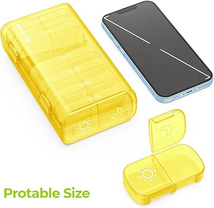 AUVON XL Weekly Pill Organizer 2 Times a Day, Pill Box 7 Day with One-Side Large Opening Design for Easy Filling, Yellow AM PM Pill Case for Medication/Vitamins/Fish Oils/Supplements