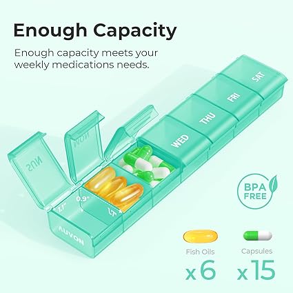 AUVON Weekly Pill Organizer with Effortless Opening Design, Arthritis Friendly Pill Box, BPA-Free Pill Organizer 7 Day, Cute & Portable Pill Case for Vitamins, Supplements and Medications