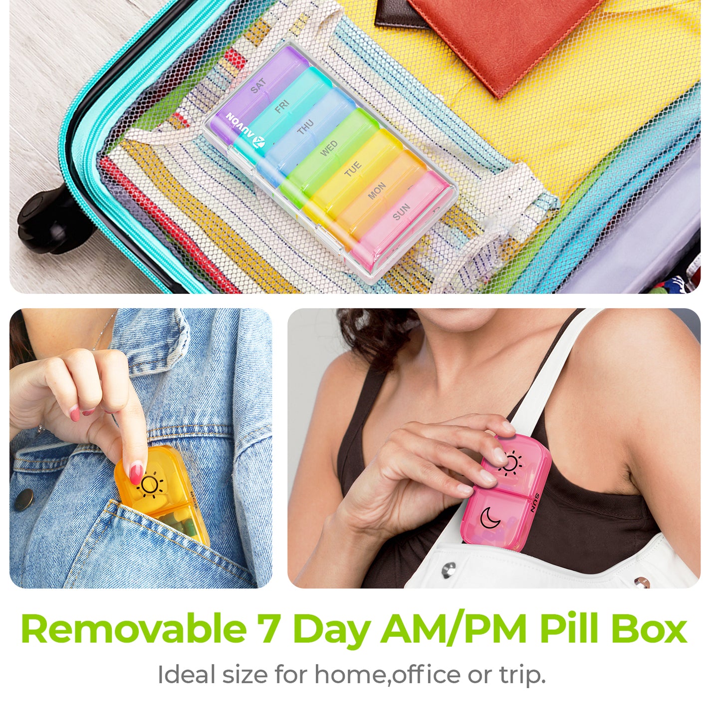 AUVON XL Weekly Pill Organizer 2 Times a Day with Large Opening for Easy Filling, AM PM Pill Box 7 Day in Rainbow Colors, Portable Travel Pill Case for Medication, Vitamins, Fish Oils, Supplements