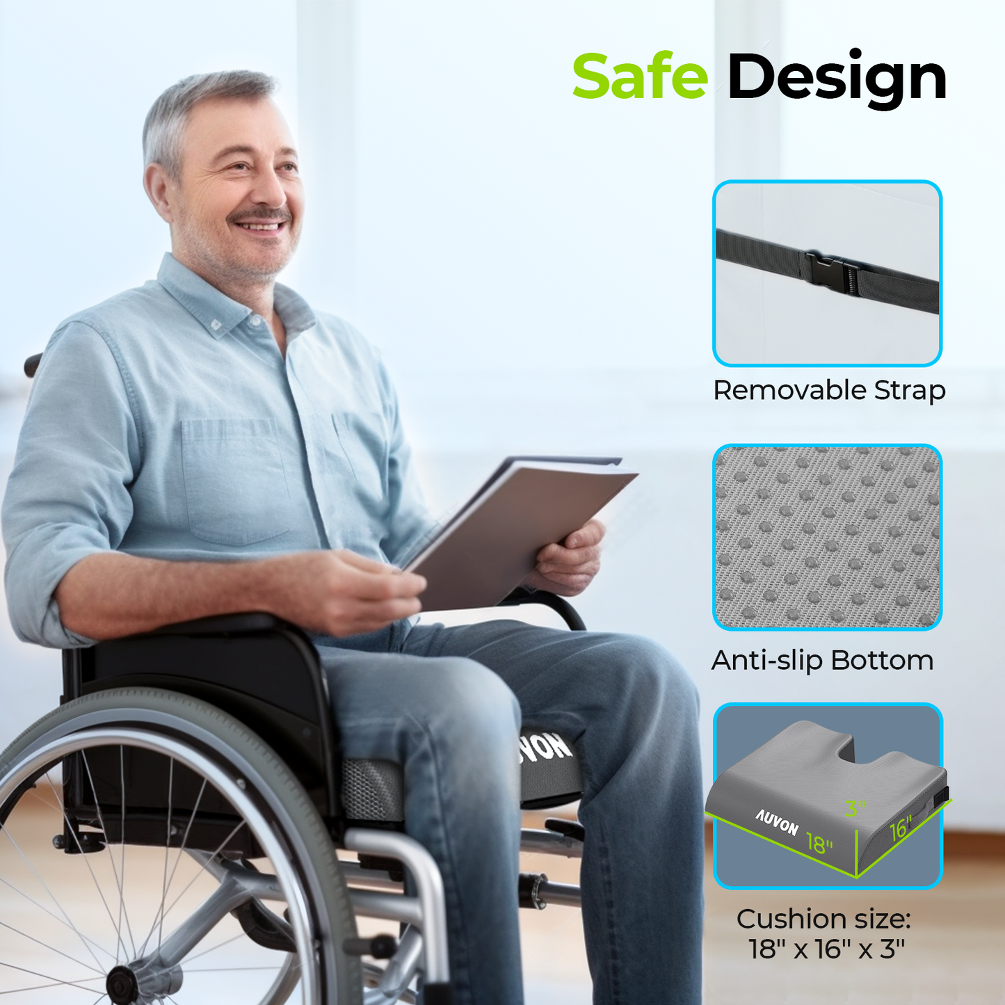 AUVON Gel Wheelchair Seat Cushion, Relieve Sciatica, Back, Coccyx, Pressure Sore and Ulcer Pain, Refreshing & Ergonomic Chair Cushion with Waterproof Silk Fabric, Anti-Slip Cover, Removable Strap