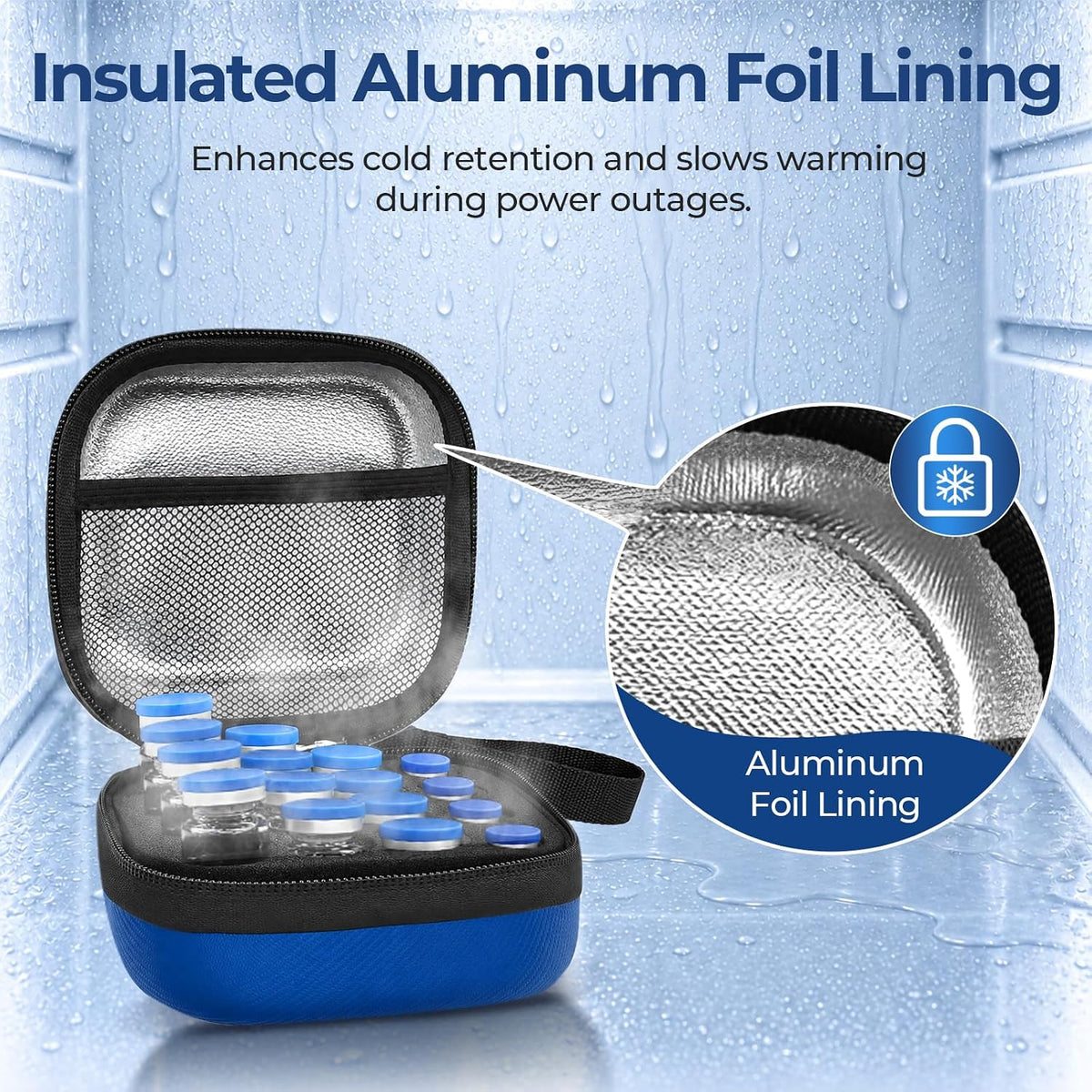 AUVON Universal Insulin Peptide Case for Fridge, 16 Slots for 1–15 ml Vials Insulin Vial Case for Fridge, Adjustable Foam Insert, Vial Holder with Moisture & Odor Protection, Insulated Aluminum Lining
