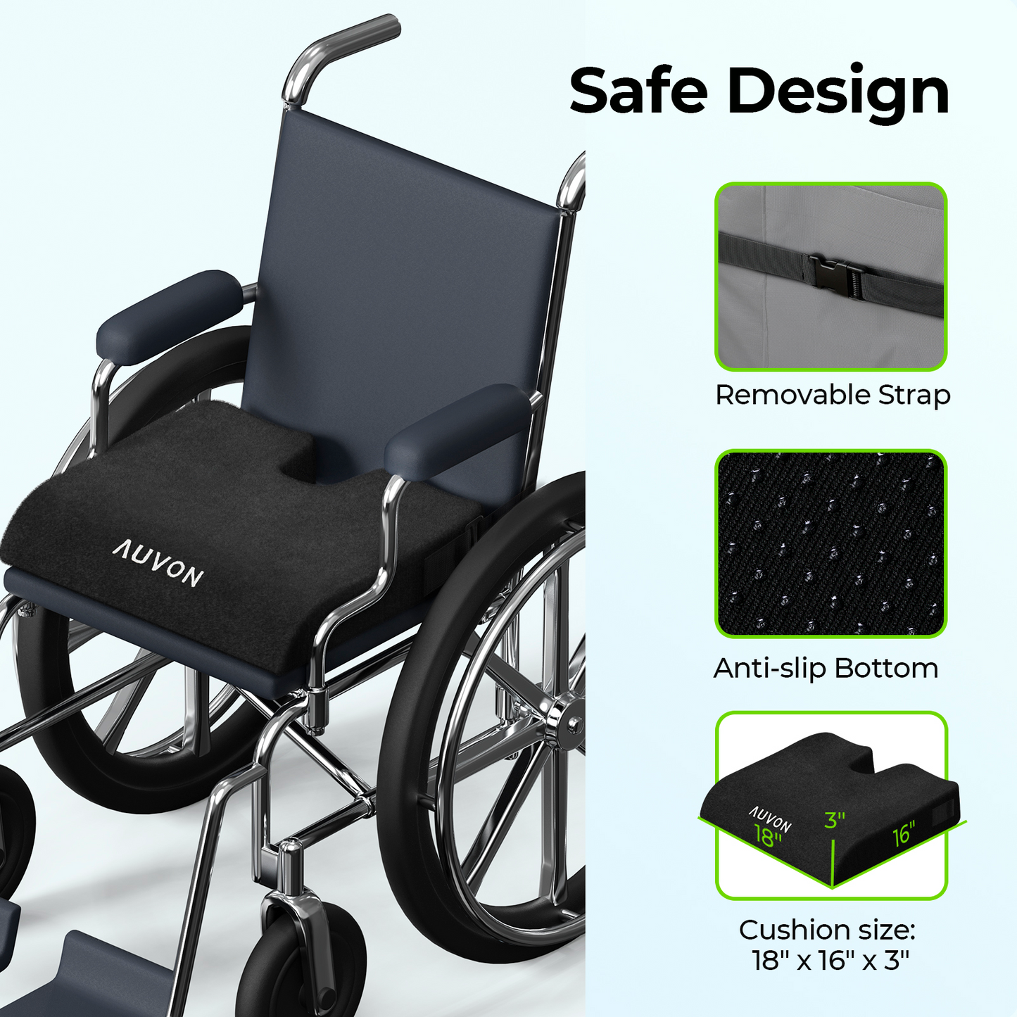 AUVON Wheelchair Seat Cushions (20"x16"x4") for Sciatica, Back, Coccyx, Pressure Sore and Ulcer Pain Relief, Memory Foam Pressure Relief Cushion with Removable Strap, Breathable & Waterproof Fabric