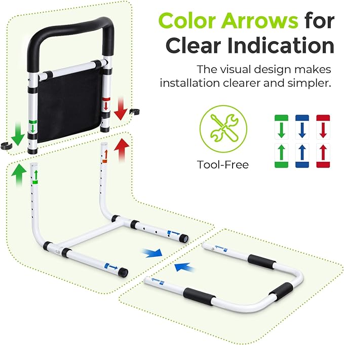 AUVON Bed Rails for Elderly Adults Safety, Adjustable Bed Assist Rail with Double Crossbeam, Ultra-high Bed Support Bar with Storage-pocket, Bed Guard Ensures Seniors Get in or out of Bed Safely