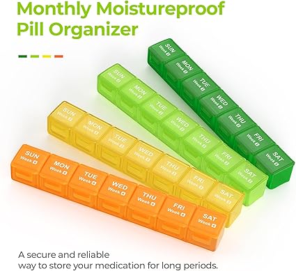 AUVON Monthly Pill Organizer Moistureproof, Large 28 Days Pill Case with Removable 4 Weeks Pill Box Rows, Travel-Friendly Pill Container for Fish Oils, Vitamins, Supplements and Medications