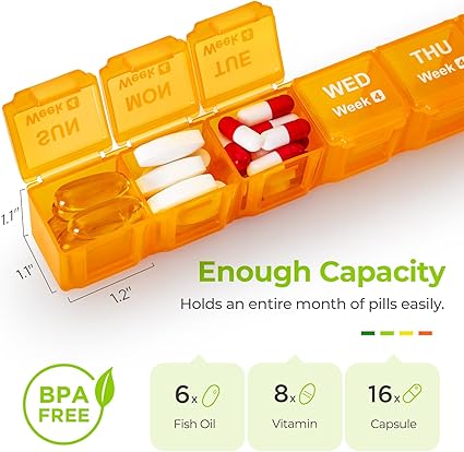 AUVON Monthly Pill Organizer Moistureproof, Large 28 Days Pill Case with Removable 4 Weeks Pill Box Rows, Travel-Friendly Pill Container for Fish Oils, Vitamins, Supplements and Medications