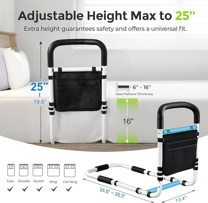 AUVON Bed Rails for Elderly Adults Safety, Adjustable Bed Assist Rail with Double Crossbeam, Ultra-high Bed Support Bar with Storage-pocket, Bed Guard Ensures Seniors Get in or out of Bed Safely