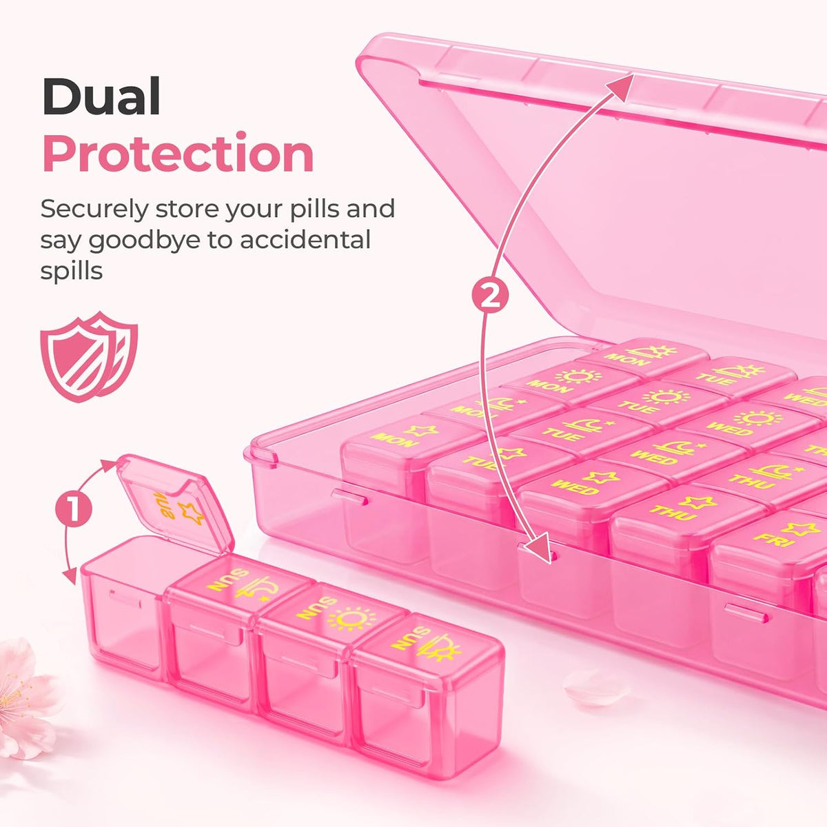 AUVON Weekly Pill Organizer 4 Times a Day, Large Easy-to-Track Labels, Pink Large Pill Case with Dual Protection, Easy-Open Lids, Spill-Proof Travel Pill Box 7 Day for Medication, Vitamins, Fish Oils