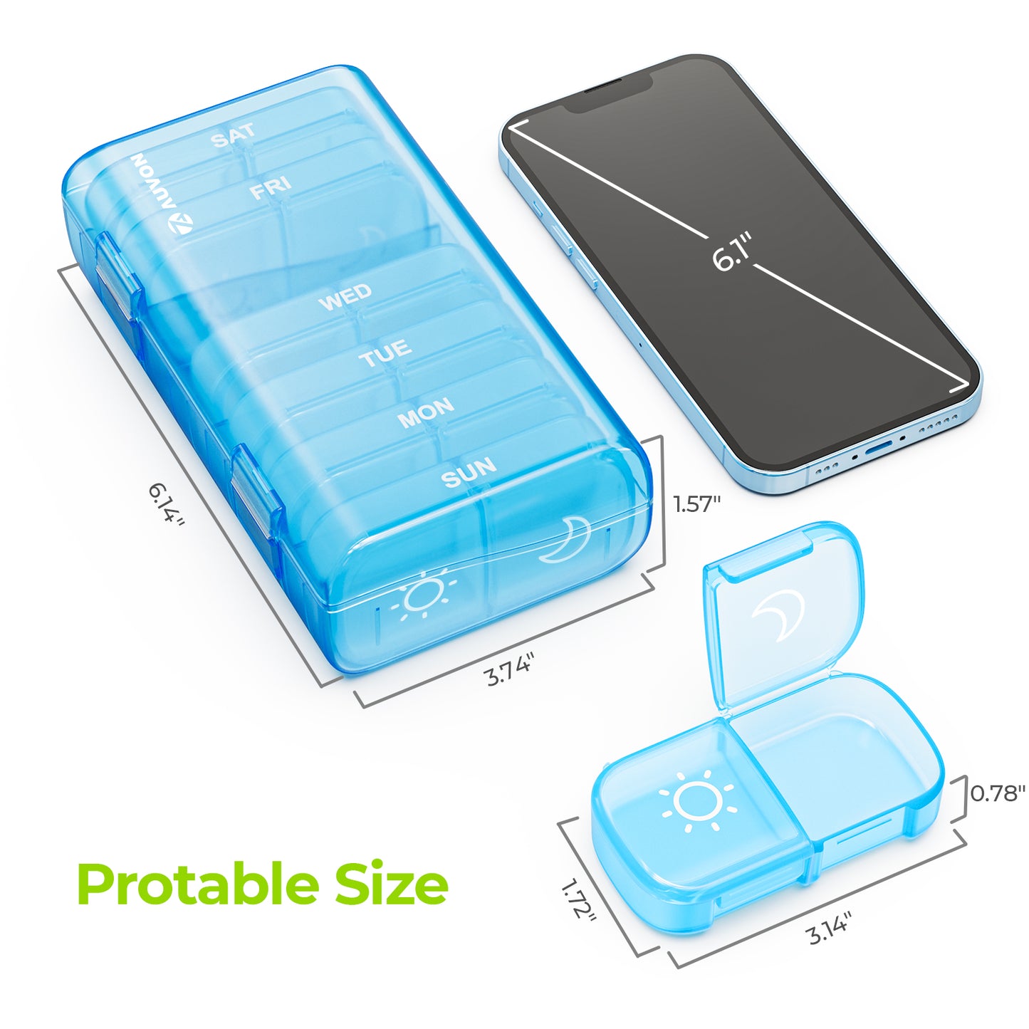 AUVON XL Weekly Pill Organizer 2 Times a Day, Pill Box 7 Day with One-Side Large Opening Design for Easy Filling, Blue AM PM Pill Case for Medication/Vitamins/Fish Oils/Supplements