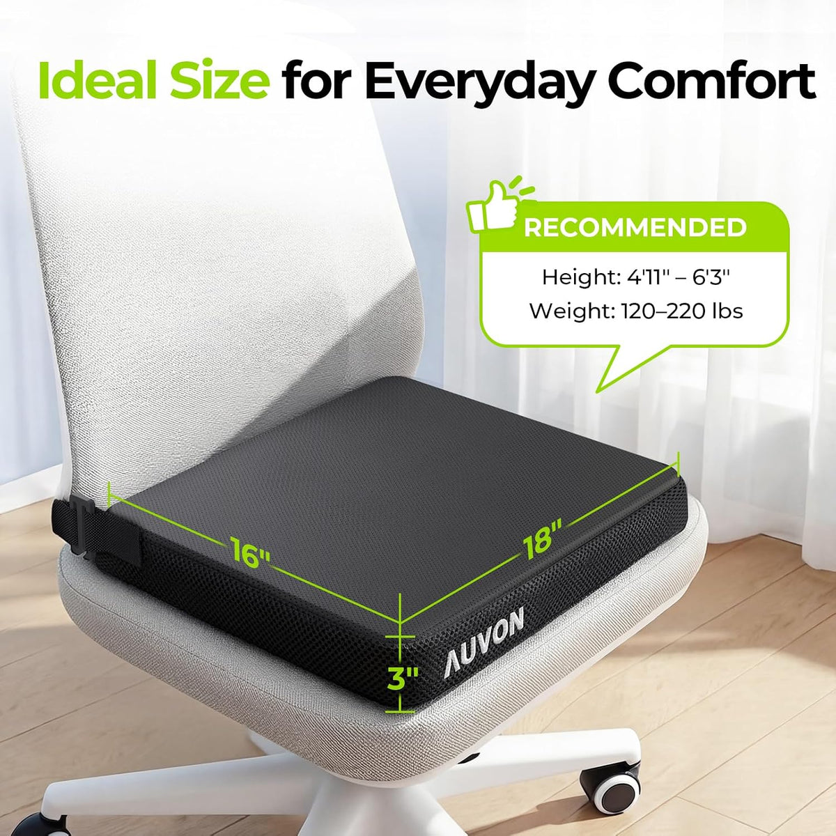 AUVON Gel Ventilation Seat Cushion with Innovation Heat Dissipation Design Supportive Memory Foam Wheelchair Cushion for Back & Tailbone Comfort, Waterproof Cover, Anti-Sore & Ulcer, Buckle Strap