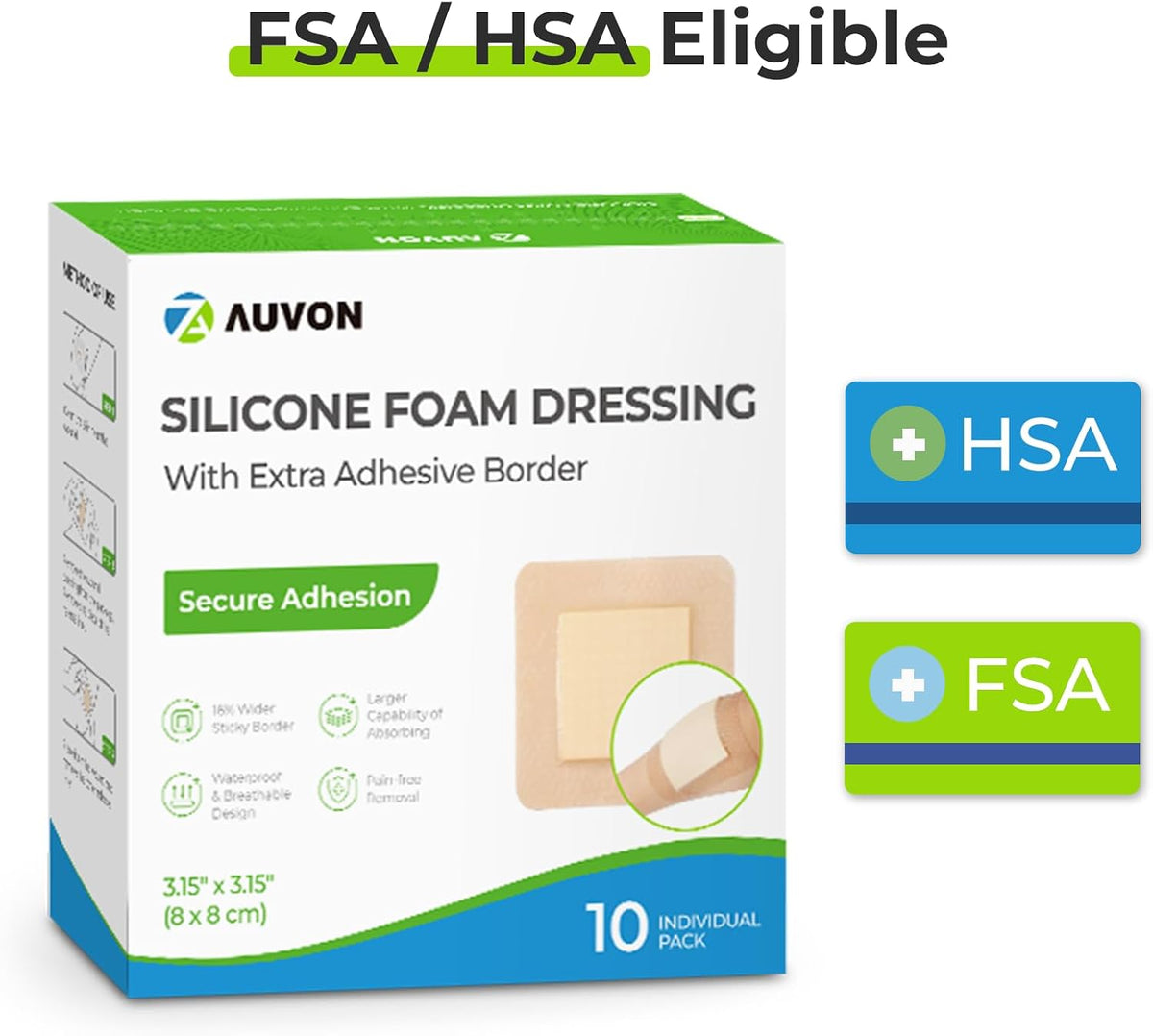 AUVON Silicone Foam Dressing with Large Adhesive Border, Wound Dressing Pads with High Absorbency, Waterproof for Wound Care & Protection Plus Cushioning, Skin-Friendly, Easy Off