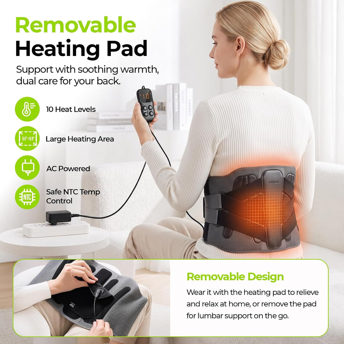 AUVON Back Brace with Removable Heating Pad for Lower Back Pain Relief 5-Stay Lumbar Support Belt for Men & Women, Adjustable Back Support Brace for Sciatica, Herniated Disc, Work & Heavy Lifting