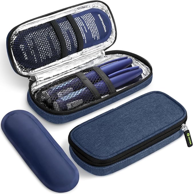 AUVON Étui de Voyage Réfrigérant pour Stylo à Insuline, avec 2 Packs de Glace de 90 g Approuvés par la TSA, Sac Isotherme en Cuir pour Médicaments Diabétiques, Étui Compact pour Stylos à Insuline et Autres Fournitures