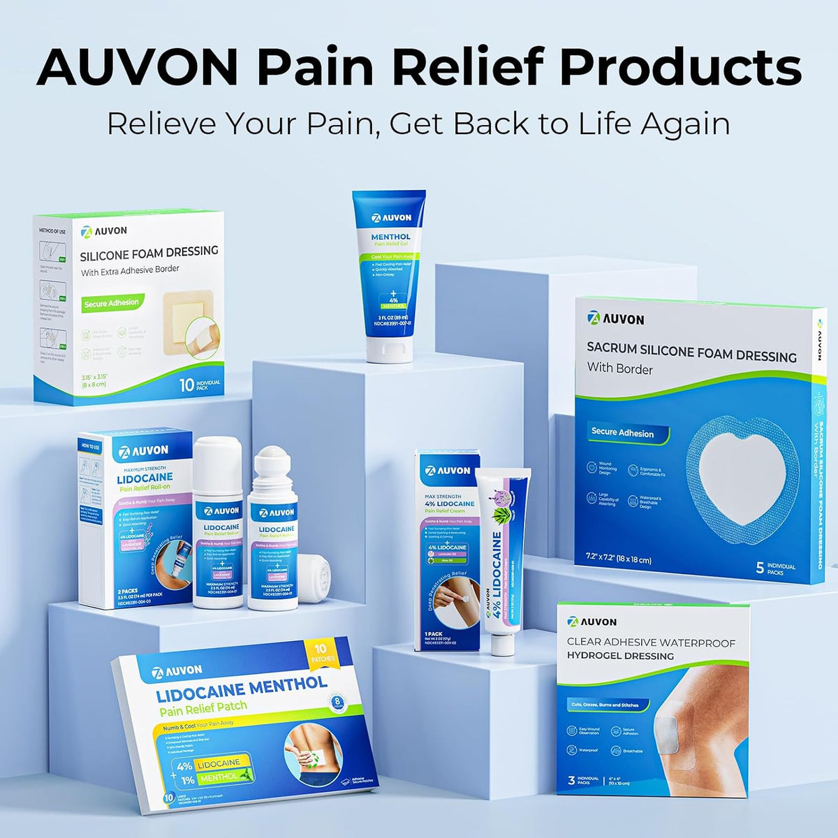 Parches AUVON para alivio del dolor (8 unidades), parches de mentol para hasta 8 horas de alivio del dolor de espalda, dolor muscular, dolor de rodilla, artritis, elegibles para FSA o HSA, tela de calidad para una aplicación sin complicaciones