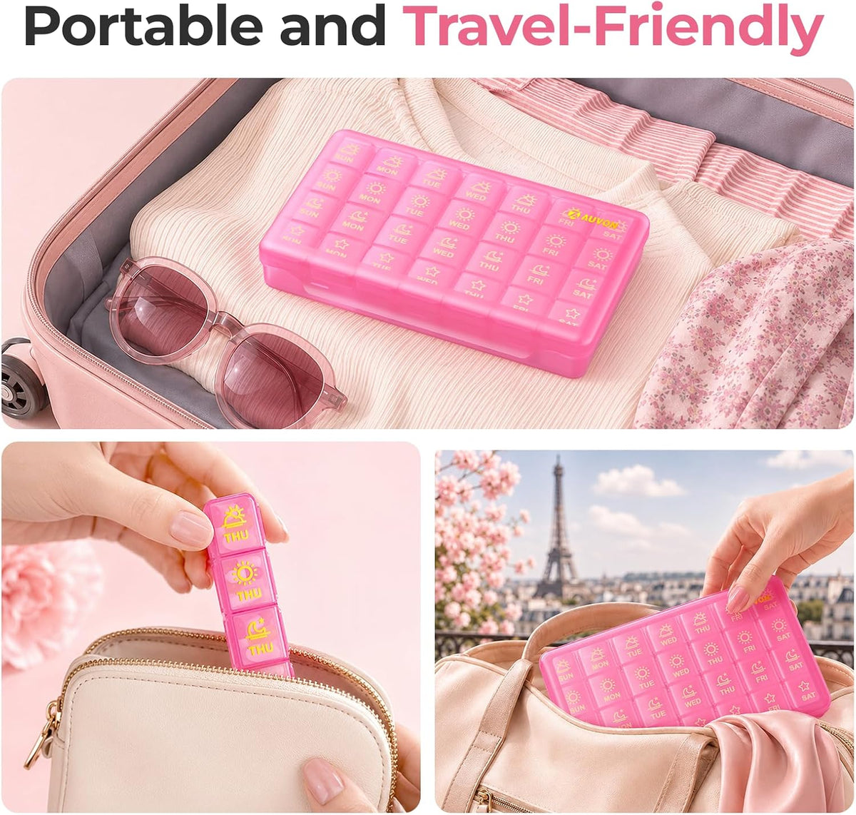 AUVON Weekly Pill Organizer 4 Times a Day, Large Easy-to-Track Labels, Pink Large Pill Case with Dual Protection, Easy-Open Lids, Spill-Proof Travel Pill Box 7 Day for Medication, Vitamins, Fish Oils