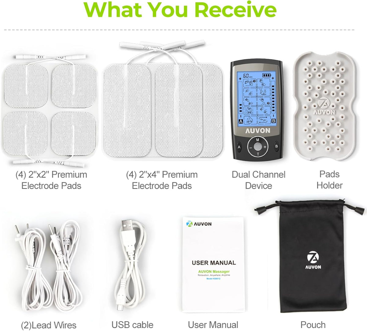AUVON Dual Channel TENS Unit Muscle Stimulator Machine with 20 Modes, 2" and 2"x4" TENS Unit Electrode Pads