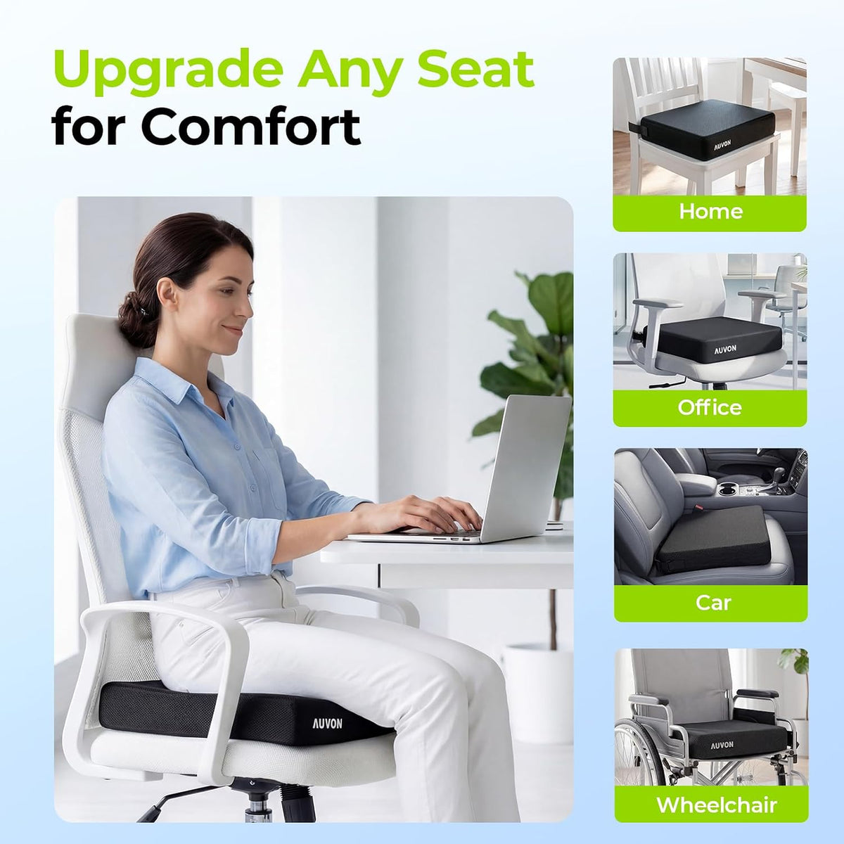 AUVON Gel Ventilation Seat Cushion with Innovation Heat Dissipation Design Supportive Memory Foam Wheelchair Cushion for Back & Tailbone Comfort, Waterproof Cover, Anti-Sore & Ulcer, Buckle Strap