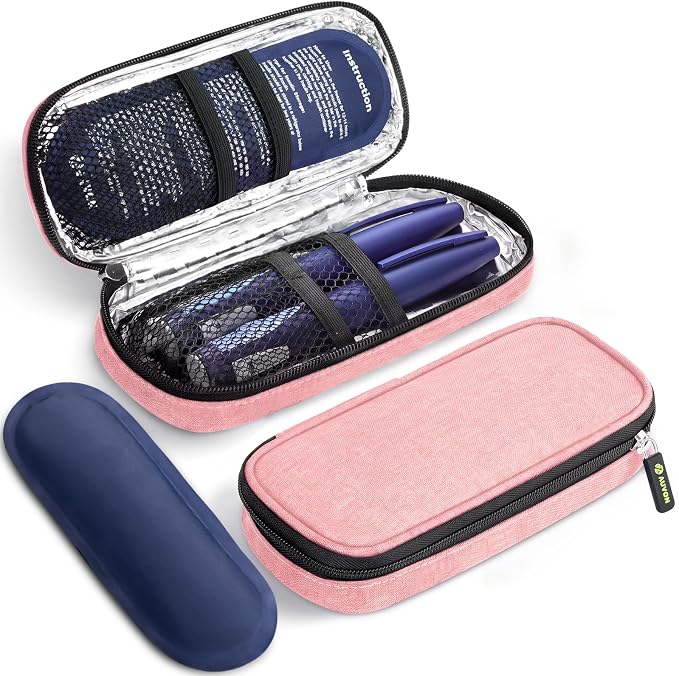 AUVON Étui de Voyage Réfrigérant pour Stylo à Insuline, avec 2 Packs de Glace de 90 g Approuvés par la TSA, Sac Isotherme en Cuir pour Médicaments Diabétiques, Étui Compact pour Stylos à Insuline et Autres Fournitures